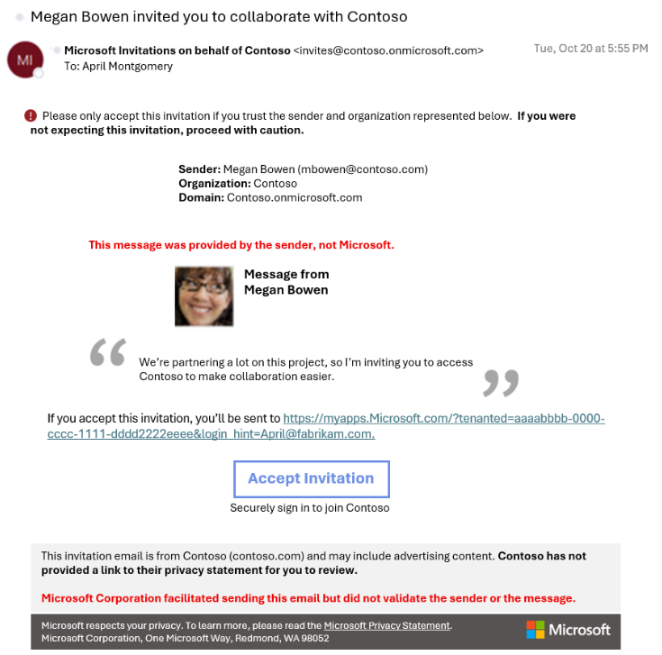 显示 B2B 邀请电子邮件的屏幕截图。