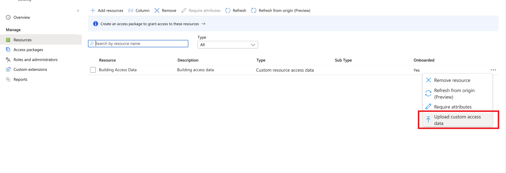 上传自定义访问数据选项的屏幕截图。