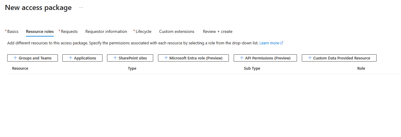 屏幕截图显示用于为新访问包中的资源角色选择应用程序的面板。