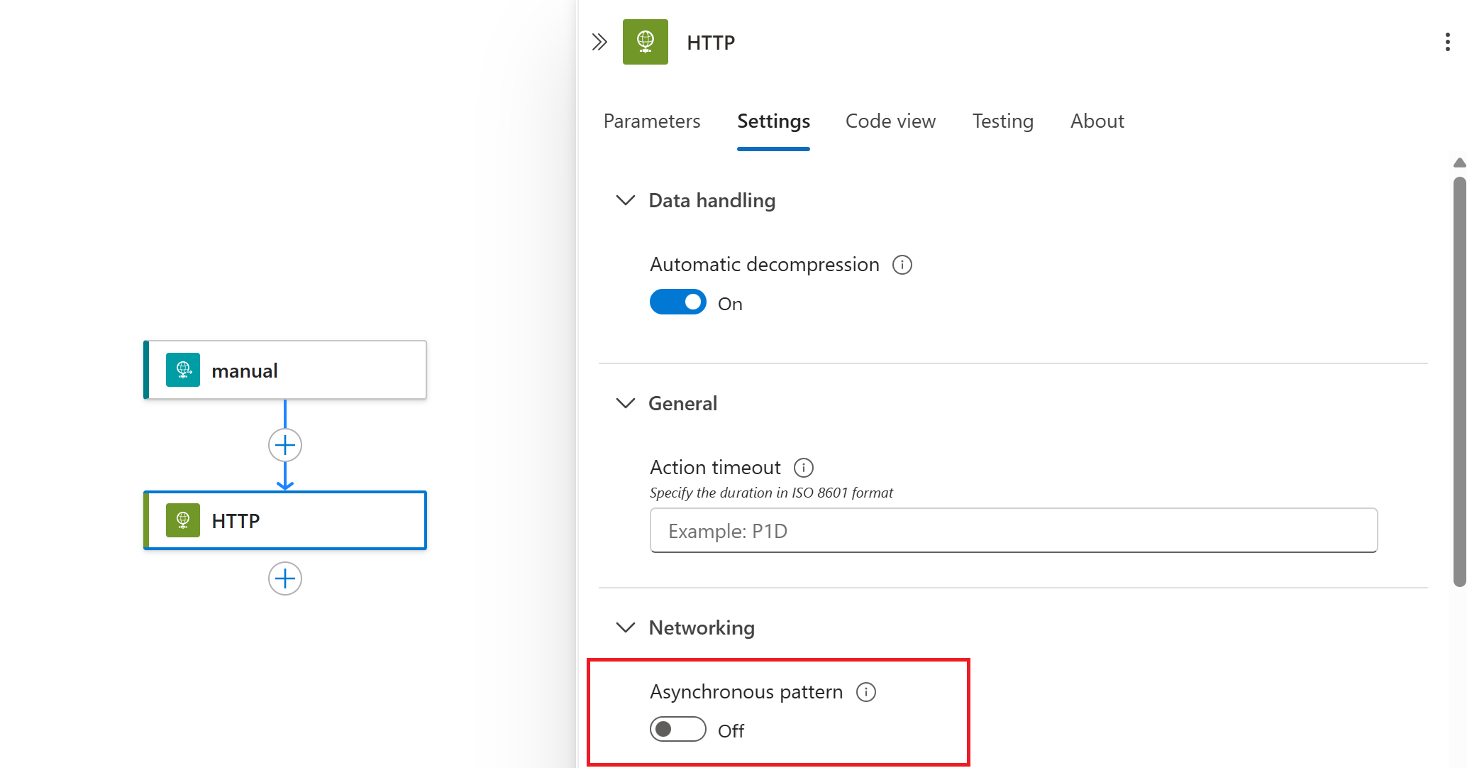 在逻辑应用 http 调用中禁用异步模式的屏幕截图。