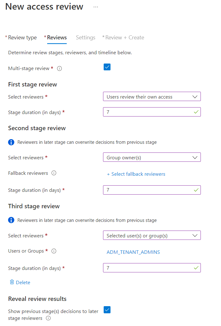 用于配置多阶段评审的管理员体验的屏幕截图。