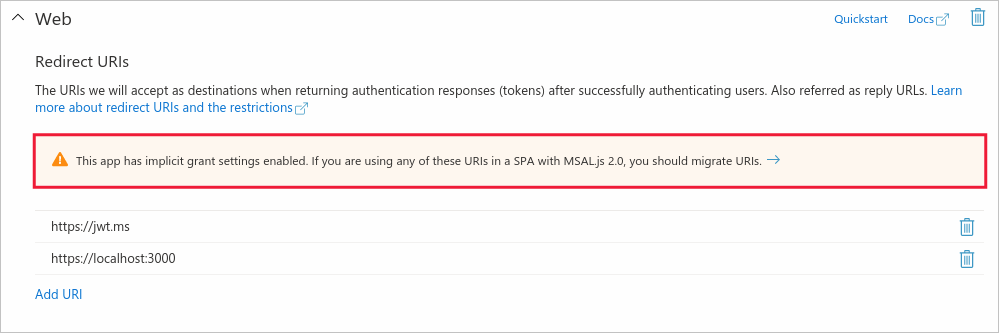 Entra 管理中心 Web 应用磁贴上的隐式流警告横幅。
