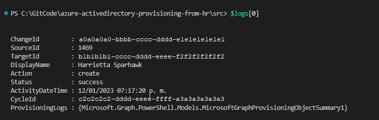 所选索引的屏幕截图。