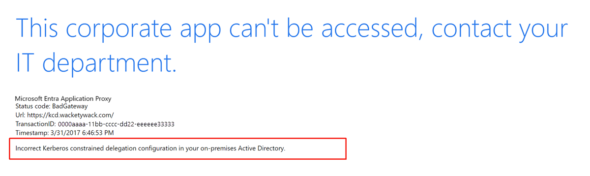 显示错误 KCD 配置示例的屏幕截图，其中高亮显示“Kerberos 约束委派错误”。