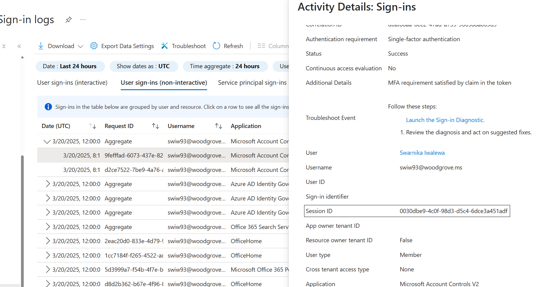 按会话 ID 筛选的非交互式登录的屏幕截图。