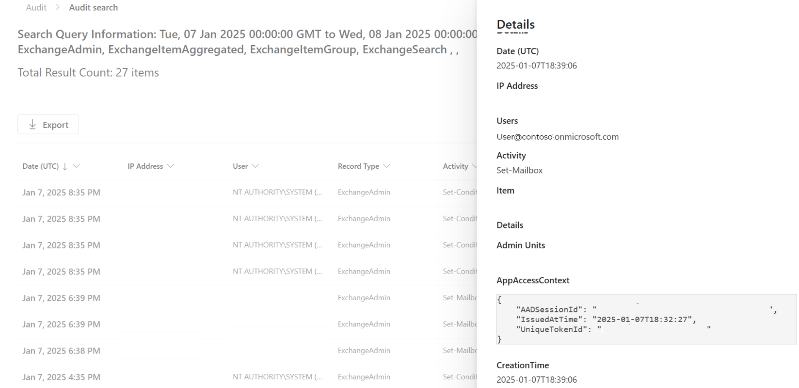 Microsoft Purview 门户的屏幕截图，其中显示了具有可链接标识符的日志项。