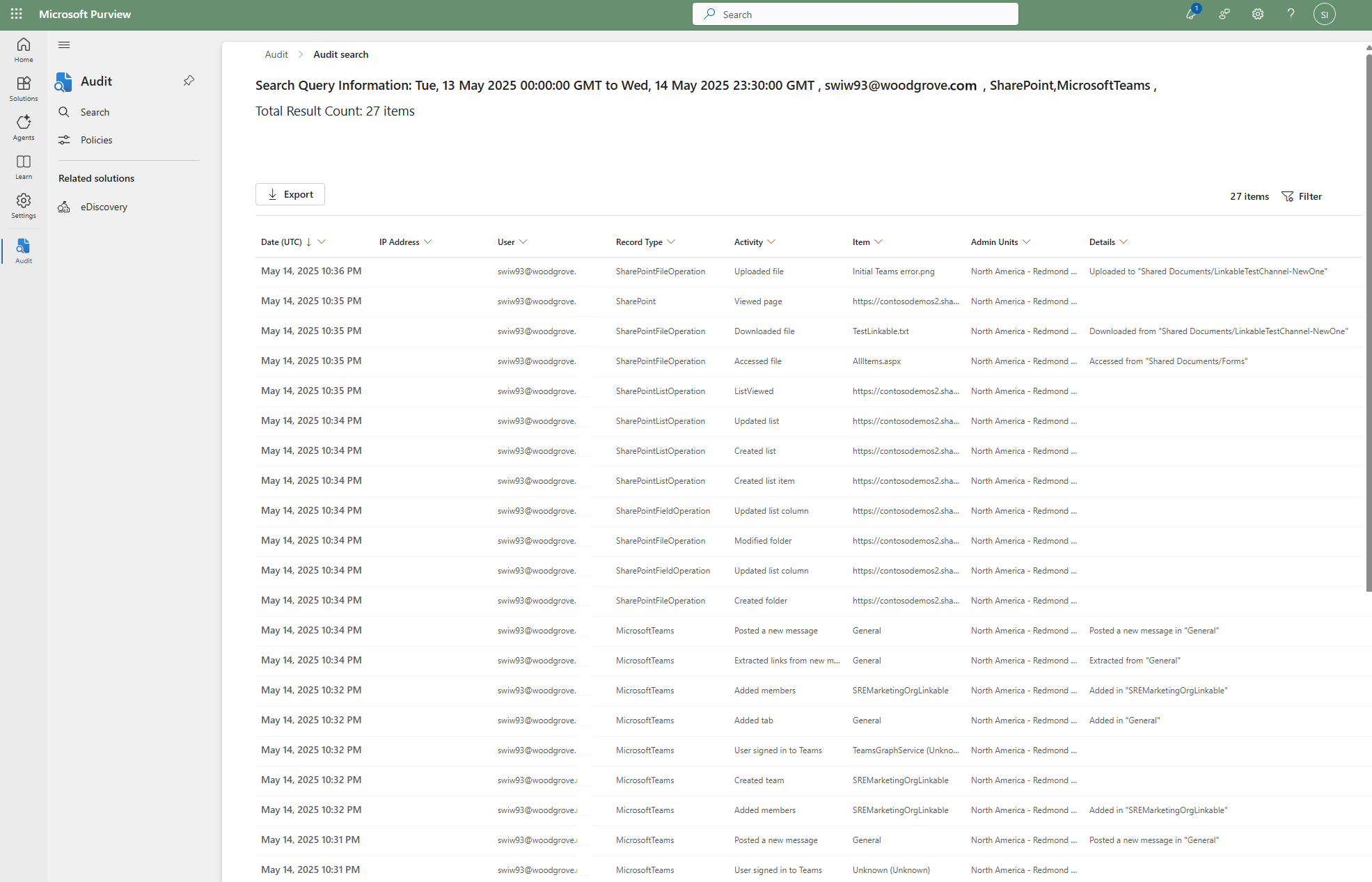 Microsoft Purview 门户的屏幕截图，其中显示了 SPO 和 Teams 日志的结果。
