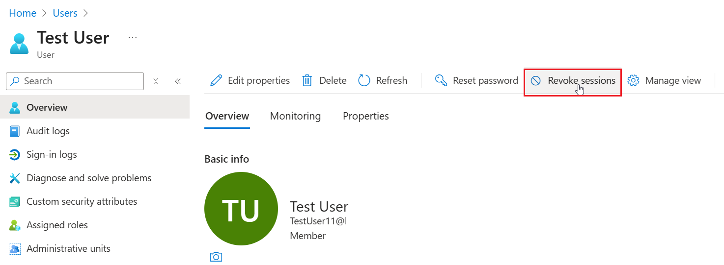 有关如何在 Microsoft Entra 管理中心为用户撤消会话的屏幕截图。