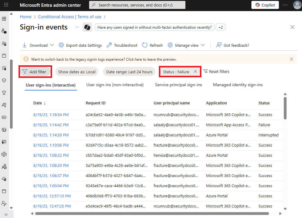 显示在登录日志中选择“条件访问”筛选器的屏幕截图。