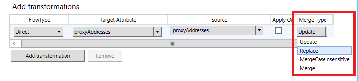此屏幕截图显示了“添加转换”部分，其中的“合并类型”下拉菜单已打开。