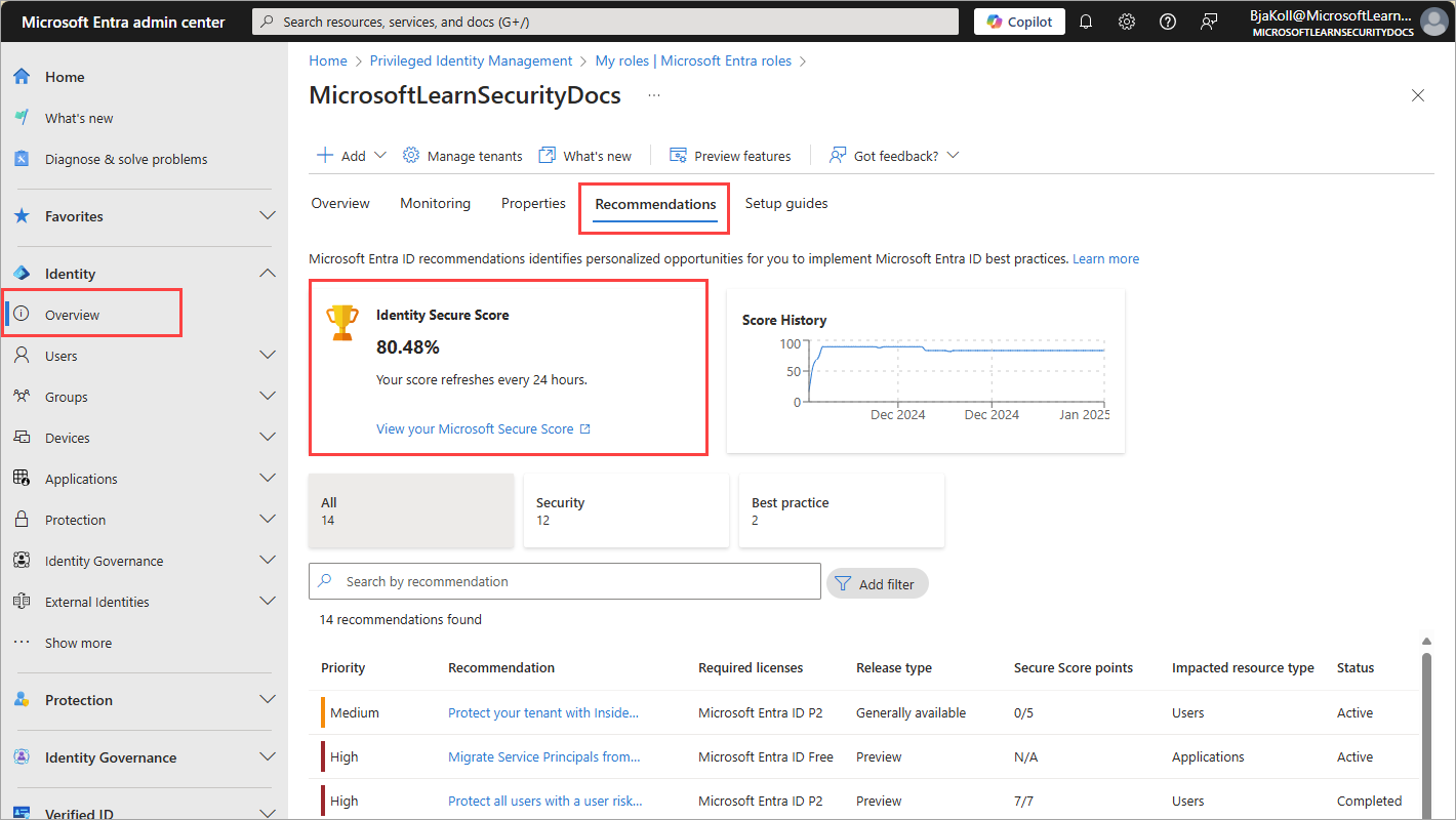 “建议”页的屏幕截图，突出显示了安全评分的详细信息。