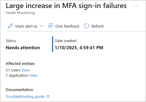 当前警报中受影响实体的屏幕截图。