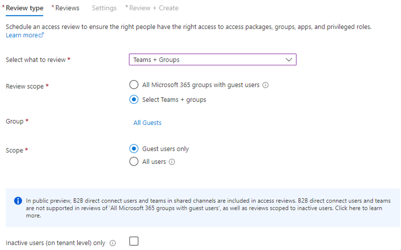 该屏幕截图显示多阶段评审的评审类型对话框，用于使来宾可以自行证明其需要持续访问。
