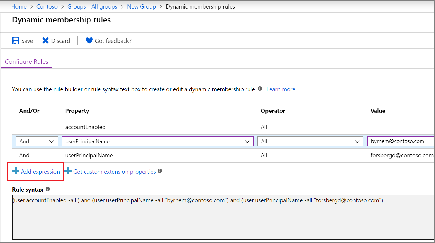 显示用于配置规则的窗格的屏幕截图，其中突出显示了用于添加表达式的按钮。