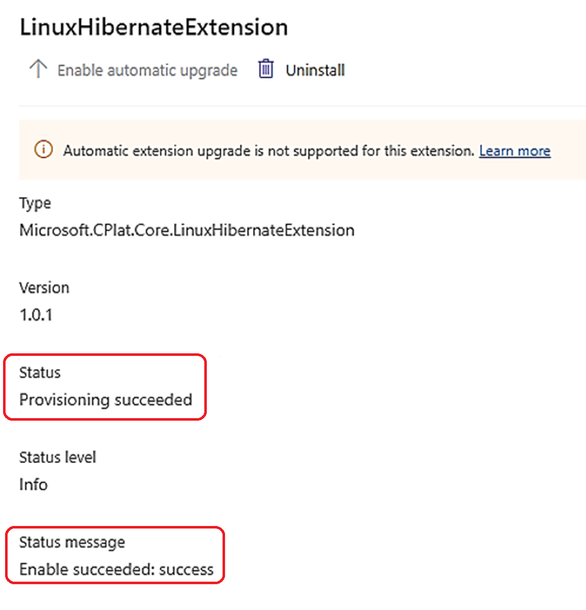 Linux VM 预配已成功的状态和状态消息报告的屏幕截图。