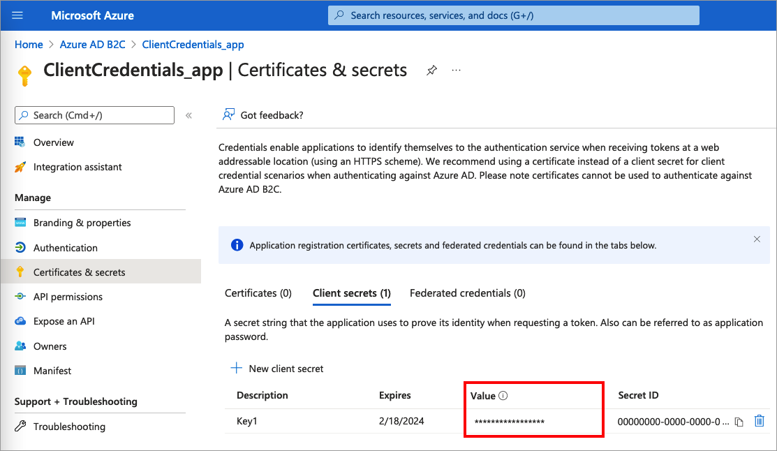 Screenshot shows how to copy the application secret.