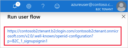 屏幕截图显示了 Azure 门户的“运行用户流”页上的已知 URI 超链接。