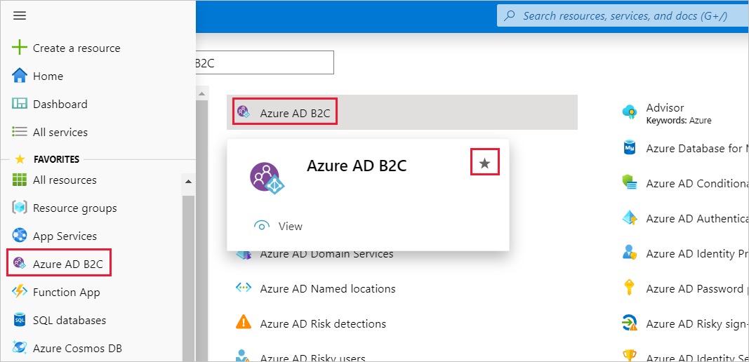 Azure AD B2C、“收藏夹”菜单、Azure 门户