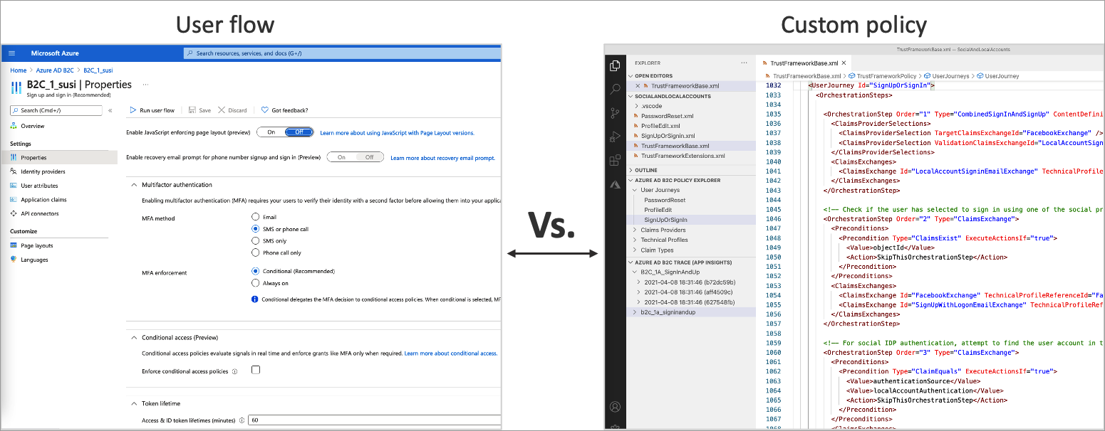 屏幕截图：用户流设置 UI 与自定义策略配置文件之间的对比。