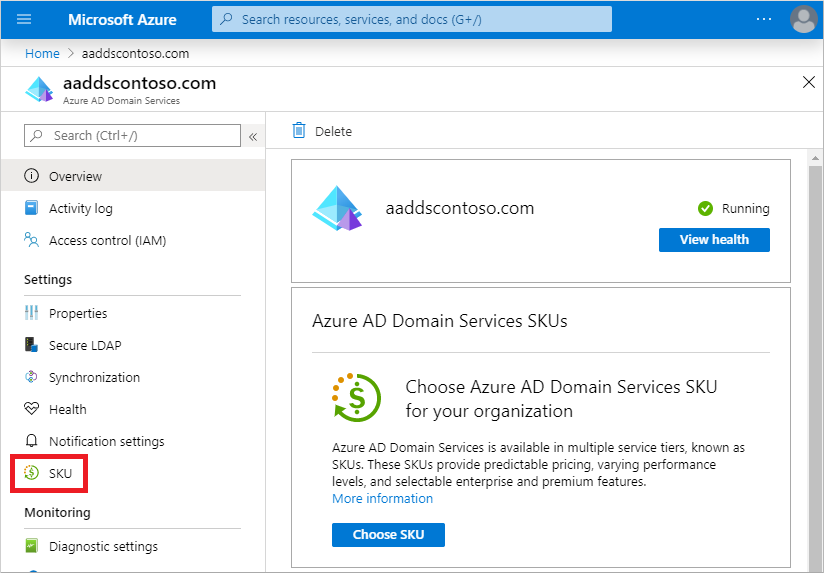 Select the SKU menu option for your Domain Services managed domain in the Microsoft Entra admin center
