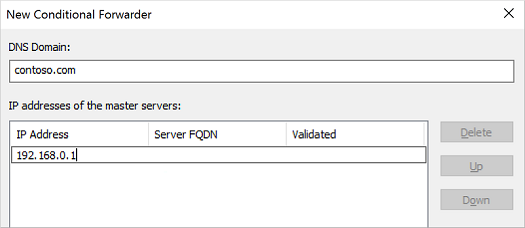 关于如何为 DNS 服务器添加和配置条件转发器的屏幕截图。