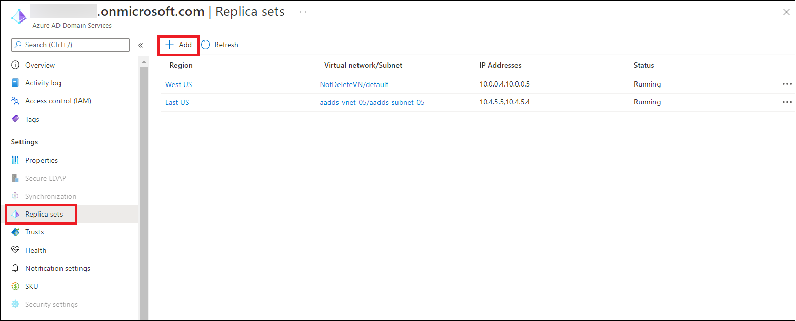 Example screenshot to view and add a replica set in the Microsoft Entra admin center