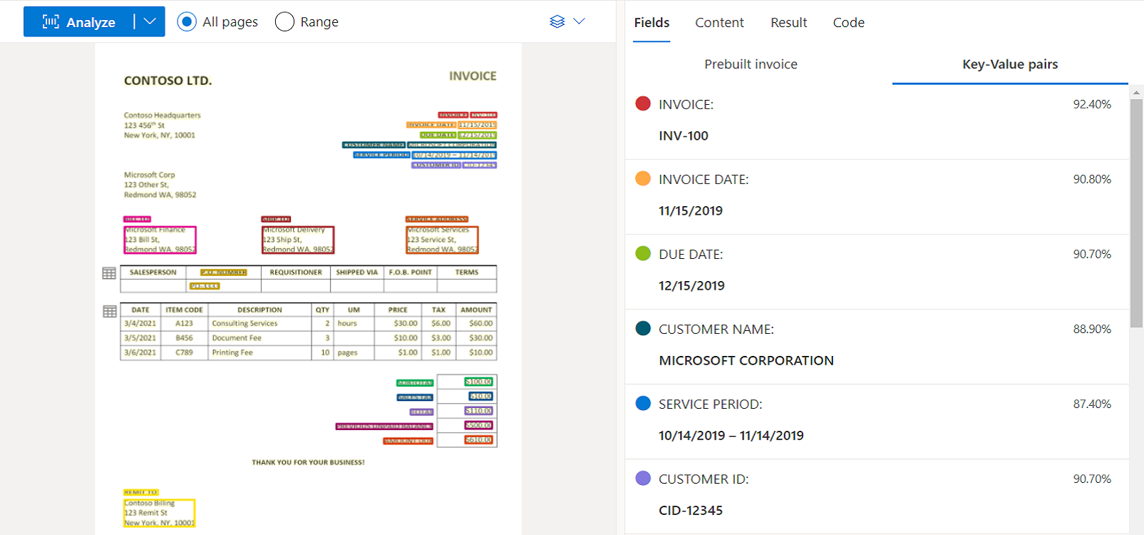 Screenshot of Invoice model analysis using Document Intelligence Studio.