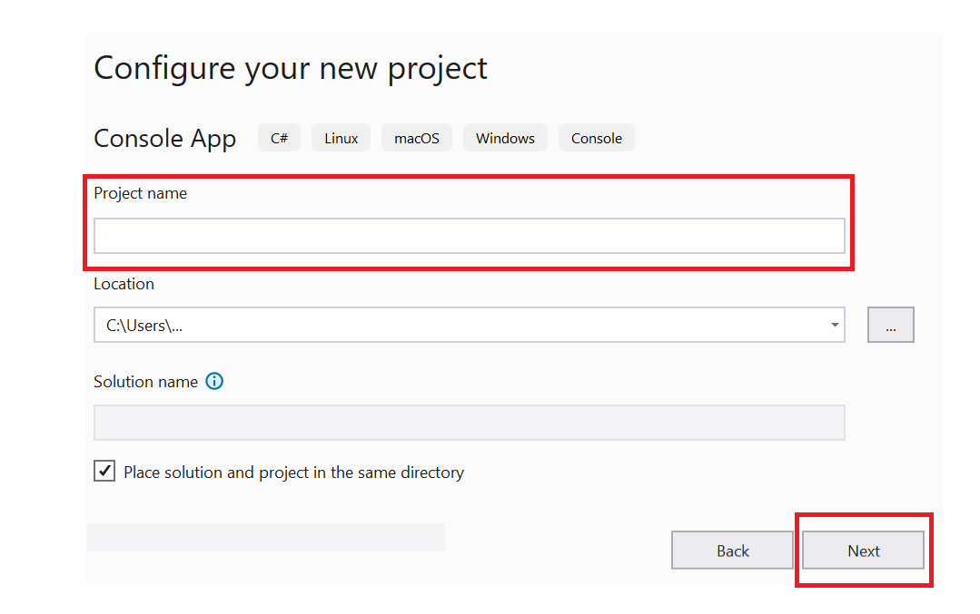 Visual Studio“配置新项目页面”的屏幕截图。
