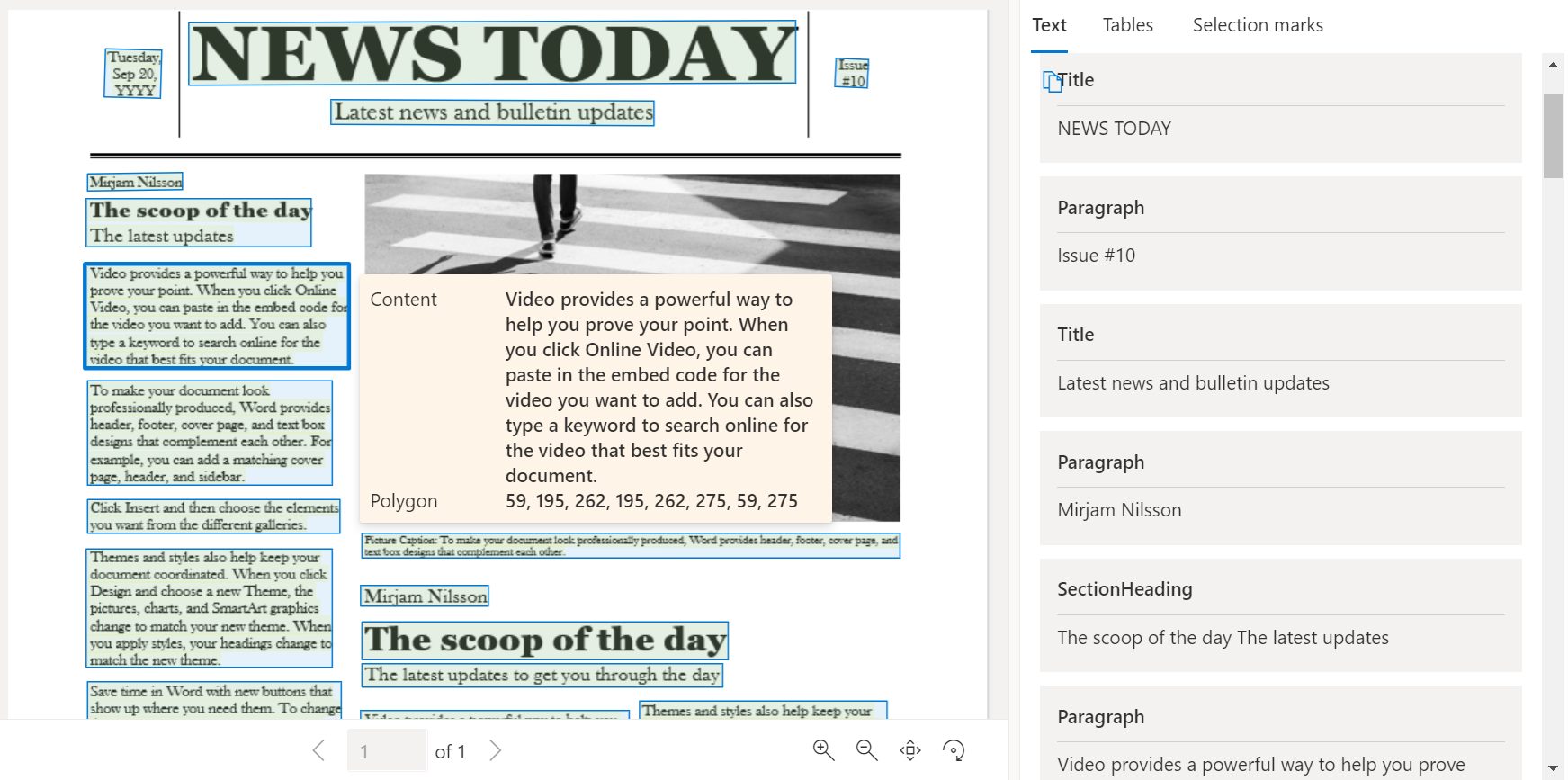 在文档智能工作室中处理报纸页的 `布局` 屏幕截图。