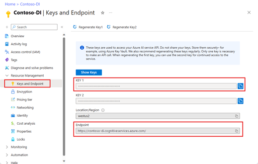 Azure 门户中的密钥和终结点页面的屏幕截图。