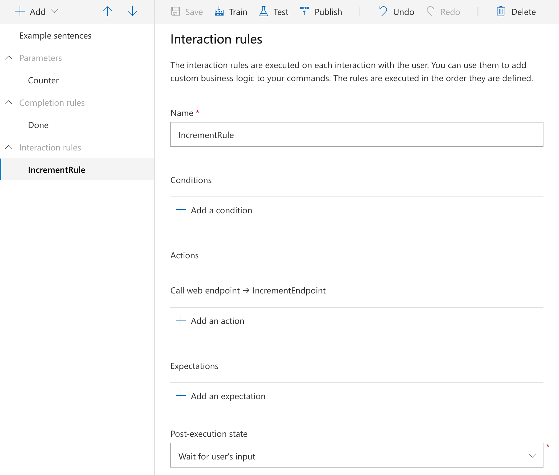 Screenshot that shows the creation of an interaction rule.