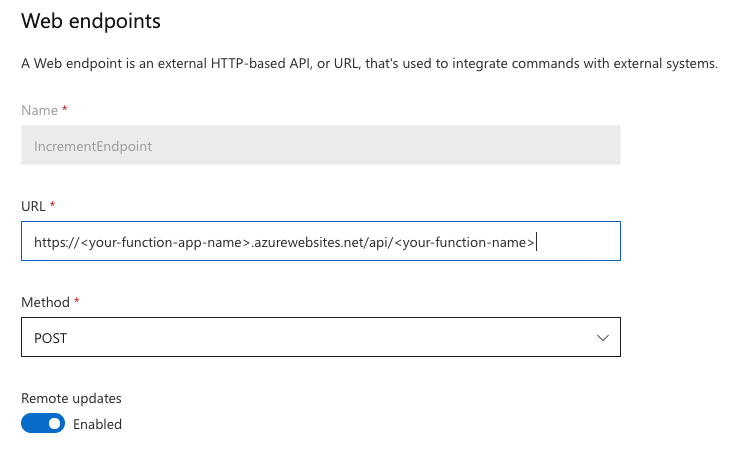 Screenshot that shows setting a web endpoint with remote updates.