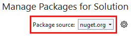 显示“管理解决方案的 NuGet 包”对话框的屏幕截图，其中突出显示了“浏览”选项卡、搜索框和包源。