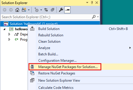 解决方案资源管理器的屏幕截图，其中突出显示了“管理解决方案的 NuGet 包”。