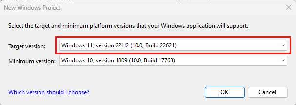 显示“新建通用 Windows 平台项目”对话框的屏幕截图，其中选择了最低版本和目标版本。