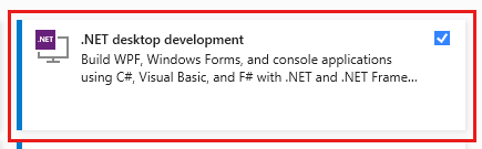 屏幕截图显示如何启用 .NET 桌面开发。