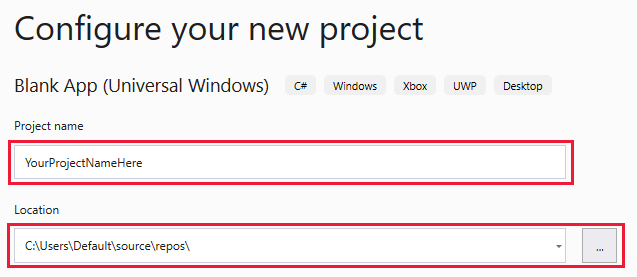 显示“配置新项目”对话框的屏幕截图，其中突出显示了“项目名称”和“位置”框以及“创建”按钮。