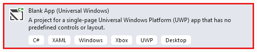 显示“创建新项目”窗口的屏幕截图，其中选中了“空白应用(通用 Windows)”，并且突出显示了“下一步”按钮。
