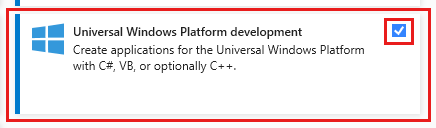 显示“修改”对话框的“工作负载”选项卡的屏幕截图，其中突出显示了“通用 Windows 平台开发”的工作负载。