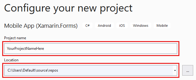 屏幕截图显示如何在 Visual Studio 中配置新项目。