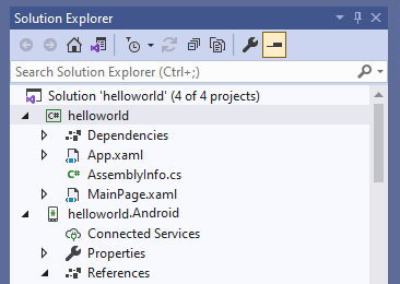 显示 Visual Studio 中的 helloworld 项目的屏幕截图。