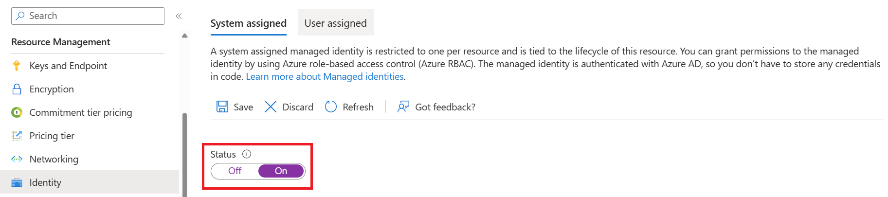 屏幕截图：Azure 门户中“资源管理”下的“标识”选项卡。