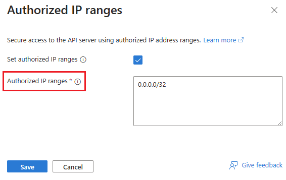 此屏幕截图显示了群集资源的更新授权 IP 范围 Azure 门户页。