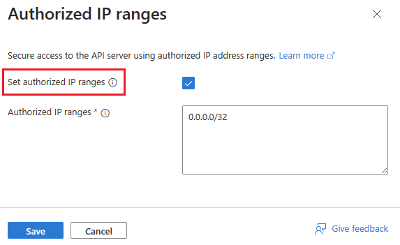 此屏幕截图显示了群集资源的禁用授权 IP 范围 Azure 门户页。