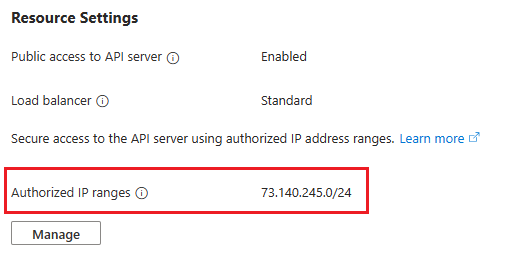 此屏幕截图显示了 Azure 门户页中群集资源的现有授权 IP 网络设置。
