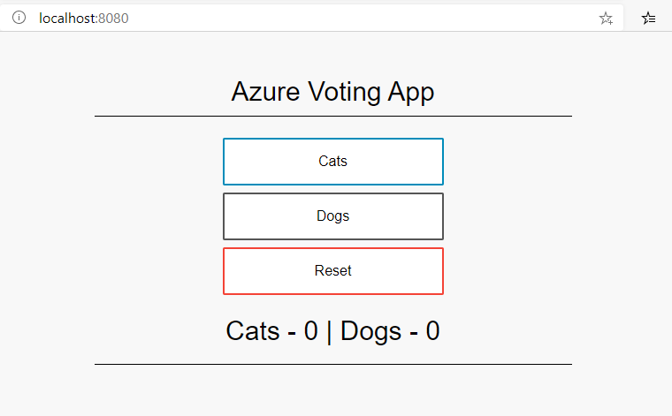 显示容器映像 Azure 投票应用的屏幕截图，该应用在本地运行并在本地 Web 浏览器中打开