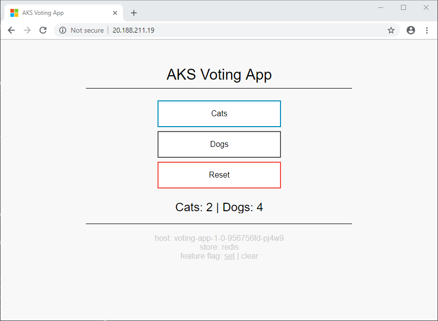 The AKS Voting app running in our Istio enabled AKS cluster.