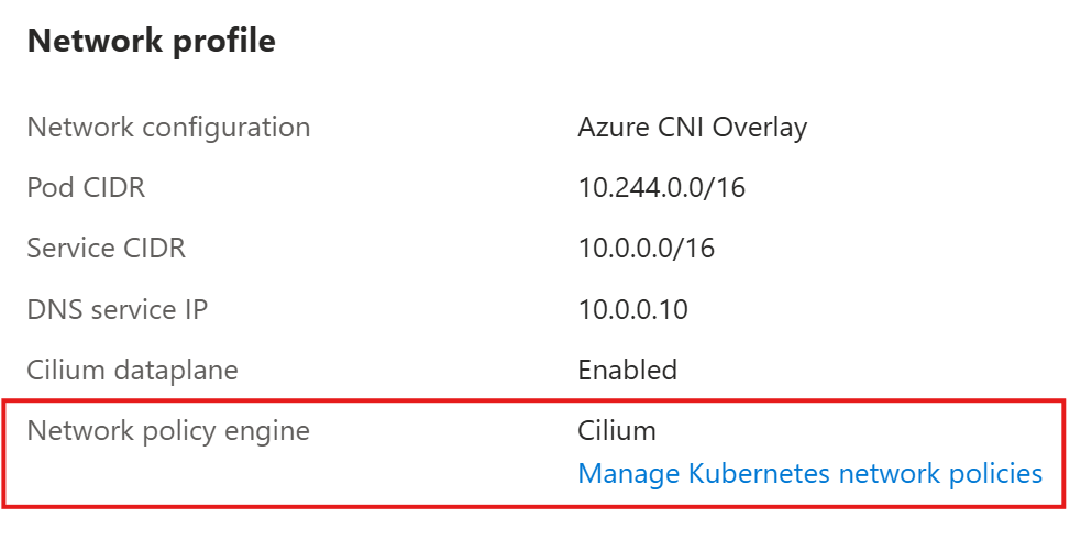 Azure 门户配置的屏幕截图，其中显示了已启用 Cilium 网络策略引擎。