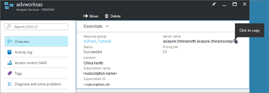Screenshot showing how to get server name in Azure.