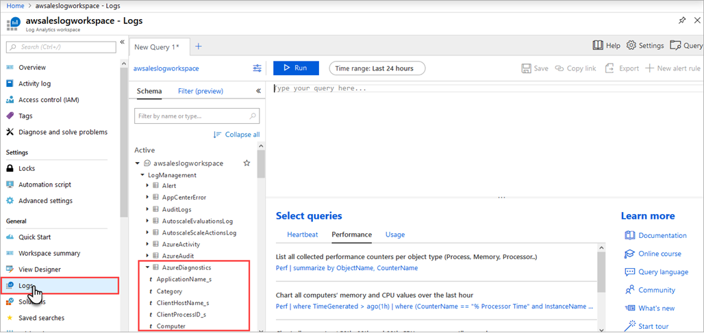 该屏幕截图显示 Azure 门户中的日志搜索选项。